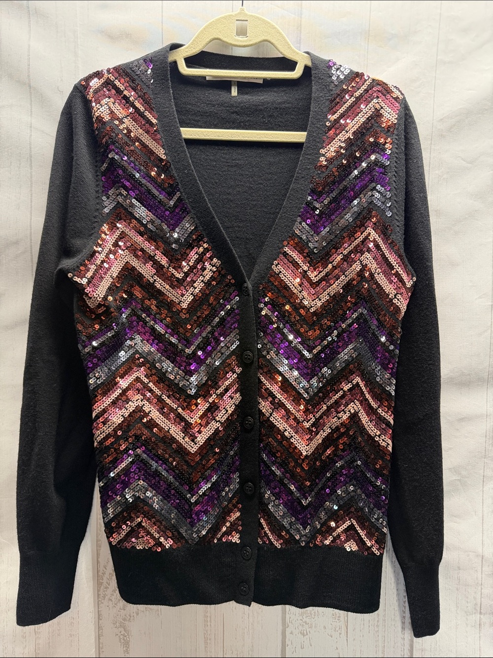 Trina Turk Savoy Black Merino Wool Chevron Sequins Button Up Cardigan Sweater